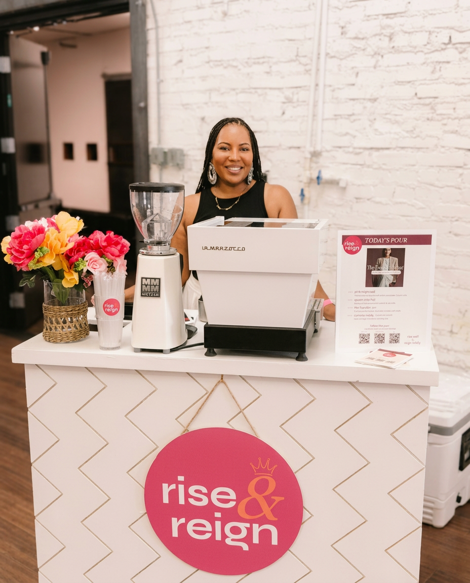 Shána behind the Rise & Reign mobile coffee cart, flowers on the counter
