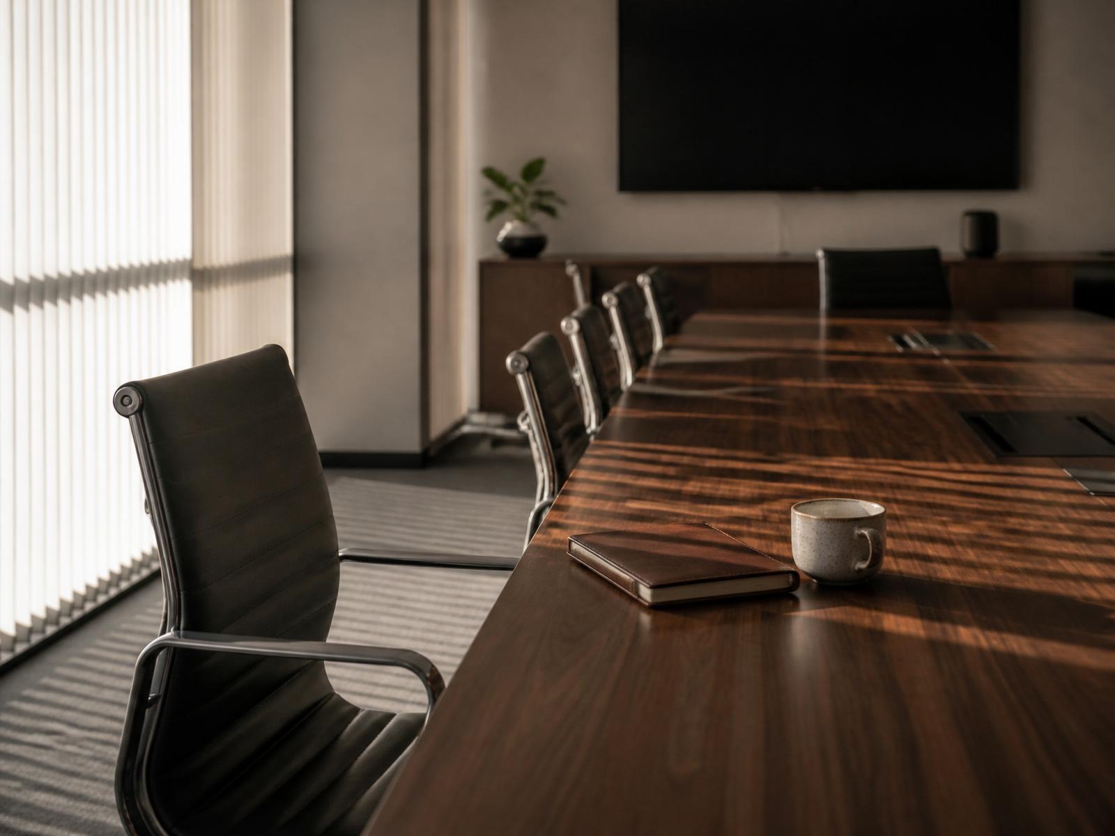 A boardroom in warm afternoon light. One person sits quietly at the far end, unnoticed.