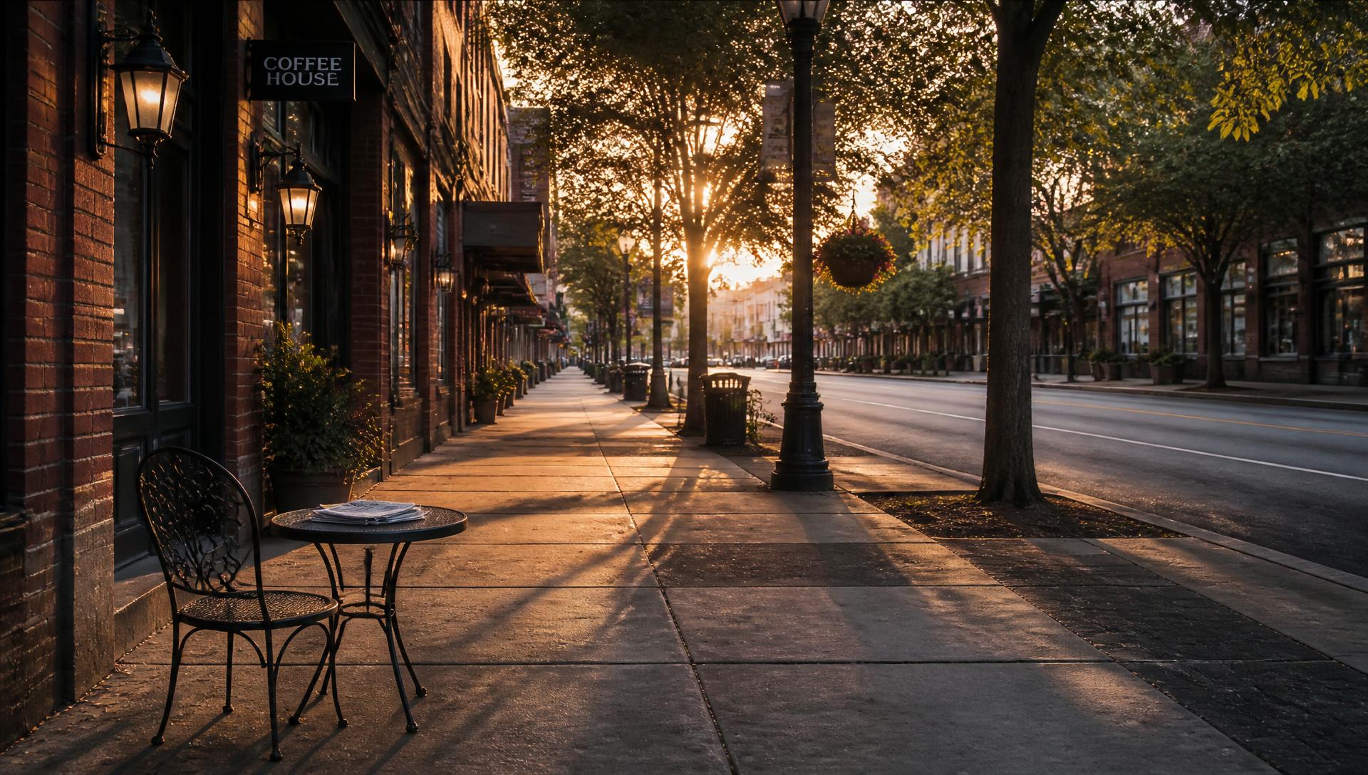 A woman in a cream trench coat walking a quiet Atlanta sidewalk in early-morning light.