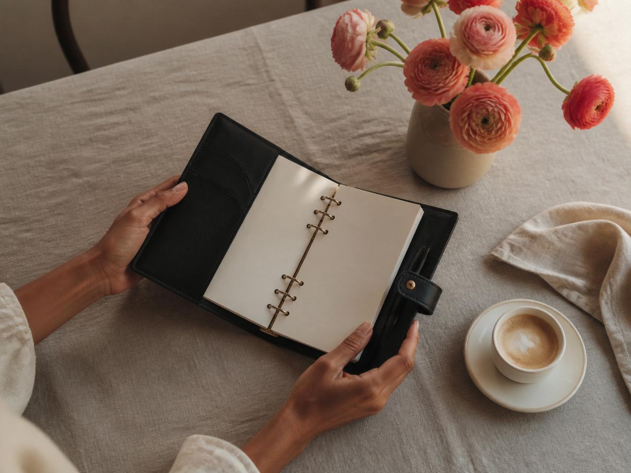 Hands holding a leather planner beside coral ranunculus and a cortado