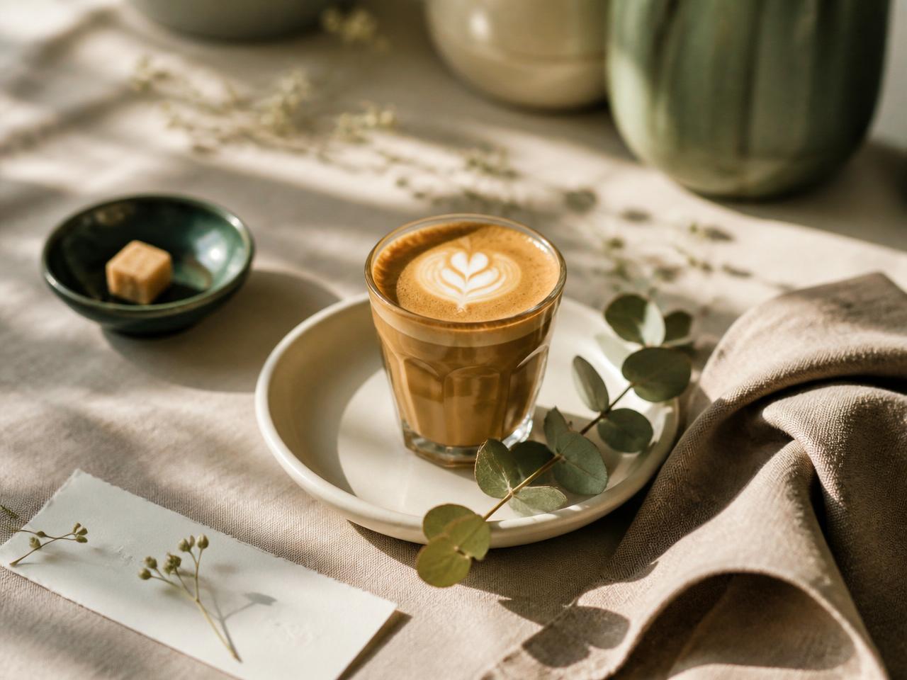 A cortado on a ceramic saucer beside eucalyptus and a small emerald dish