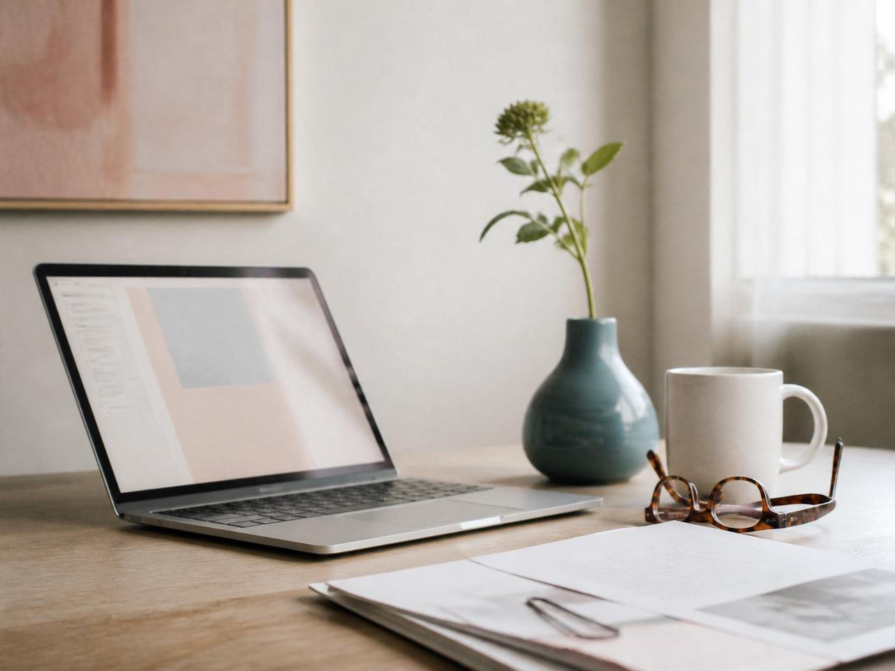 A slim laptop, teal ceramic vase and mug on a pale oak desk beside a printed page