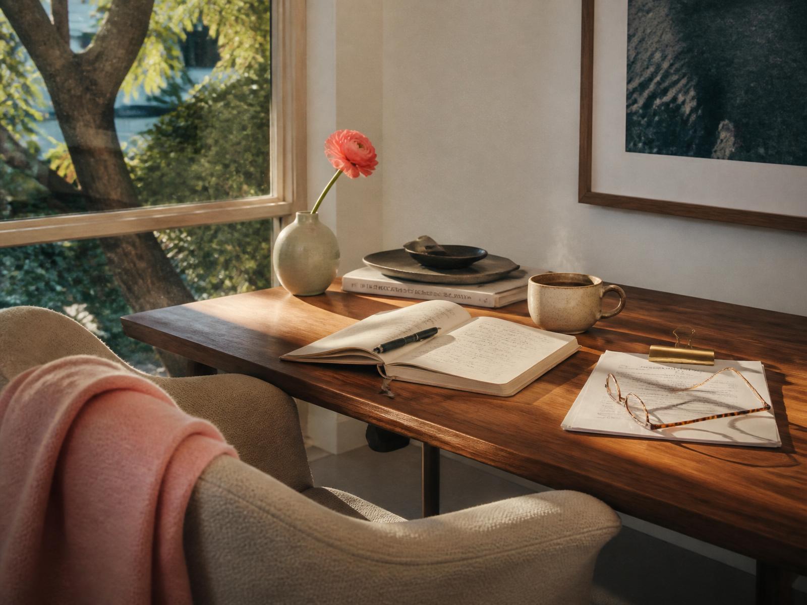 A sunlit desk by a window with an open journal, a coral ranunculus, a mug of coffee, and a blush throw over a linen chair