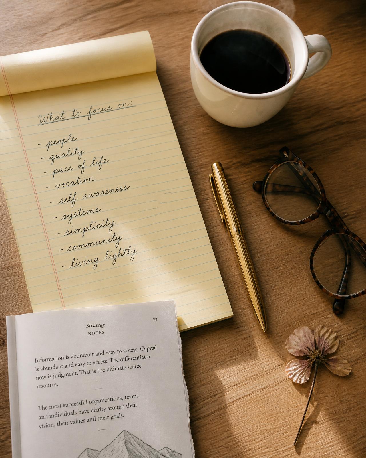 A yellow legal pad with a handwritten list, a mug of black coffee, tortoiseshell glasses, and a strategy notebook on a warm oak desk