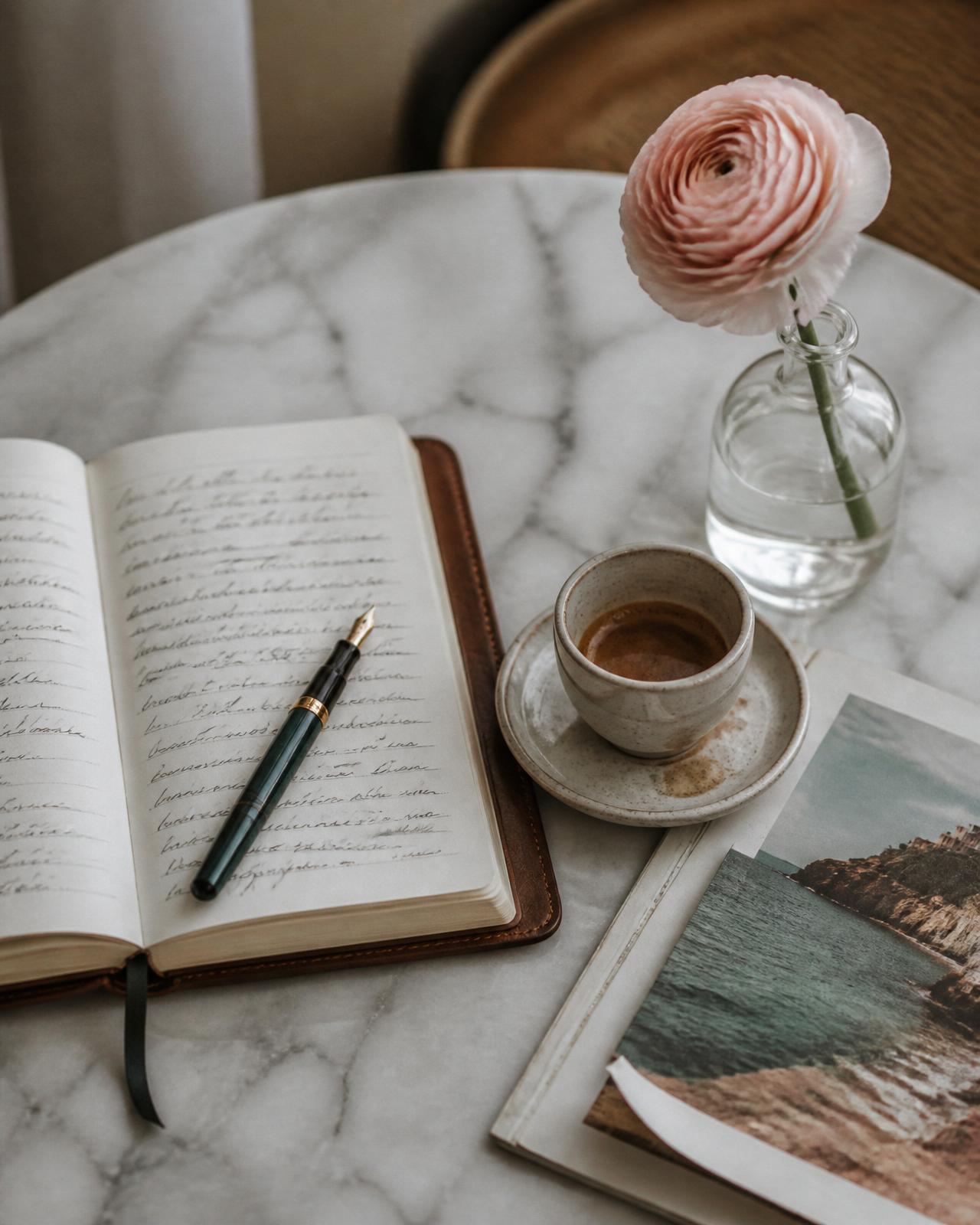 An open leather journal with handwritten notes, an espresso cup and a blush ranunculus on a marble table
